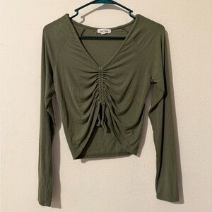 Olive Green Long Sleeve Ruched Top - Size Small